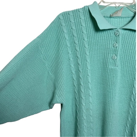 Vtg 80s Collared Knit Polo Sweater Sz Large XL Green Teal Grandpa Quarter Button - Picture 2 of 5